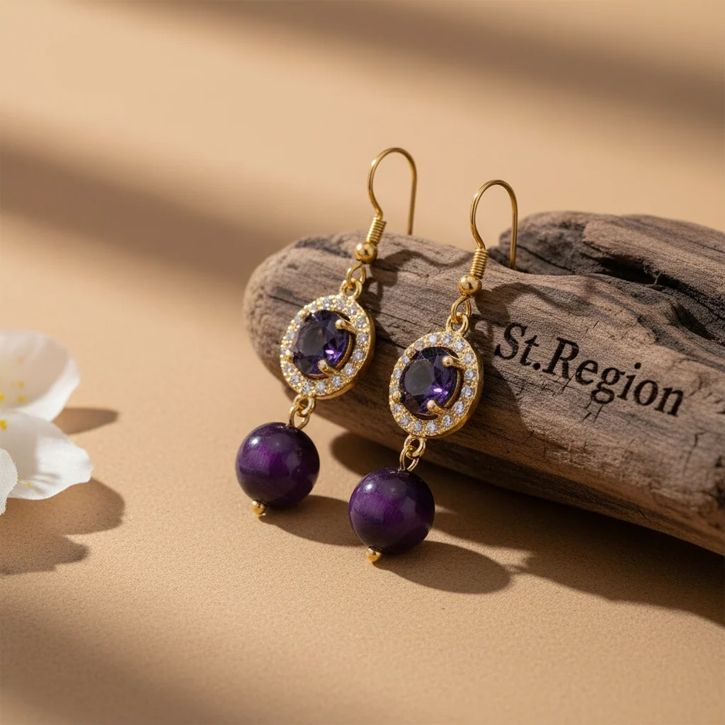 Classic Purple Quartz Crystal Cubic Zirconia Goldtone Ball Hook Earrings Next-Generation
