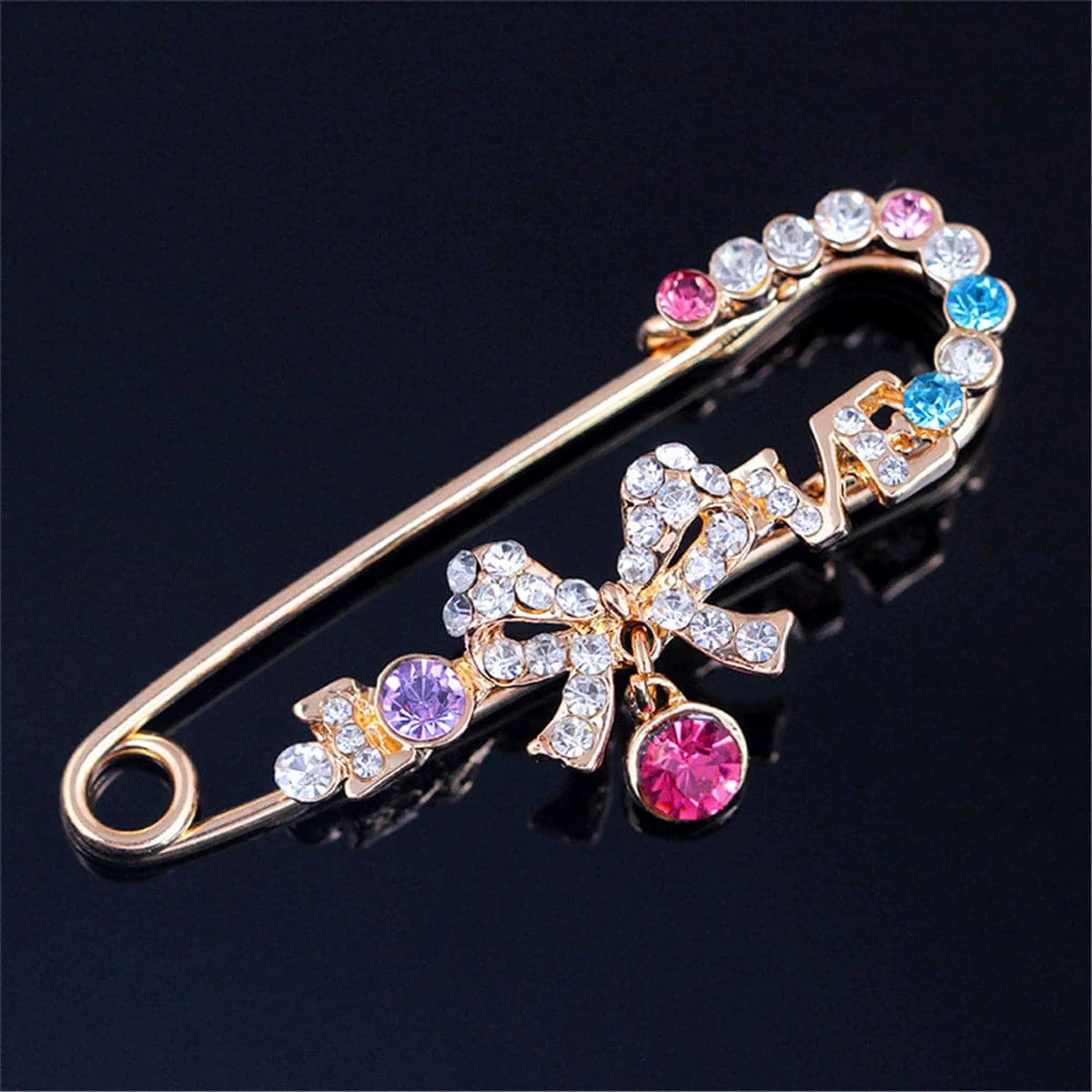 Practical Goldtone Cubic Zirconia Bow-Accent Safety Pin Brooch Environmentally Friendly