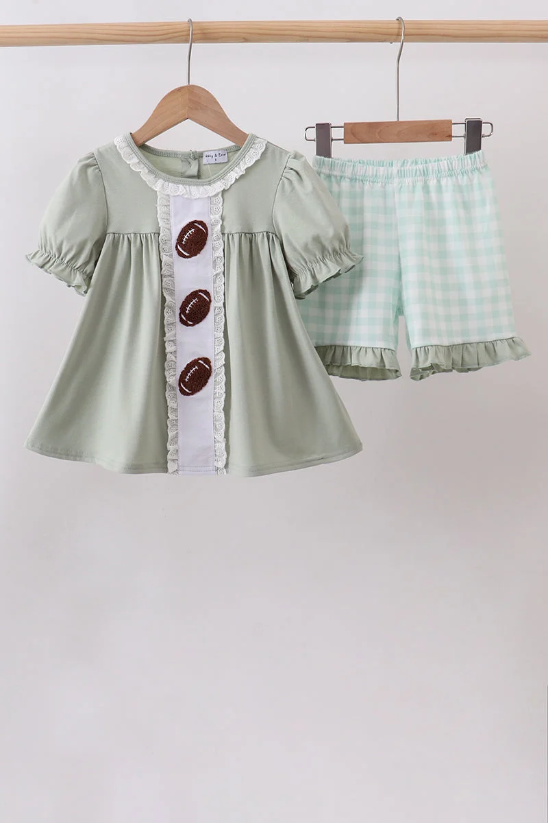 Sustainable Green football french knot gingham ruffle shorts set Authentic