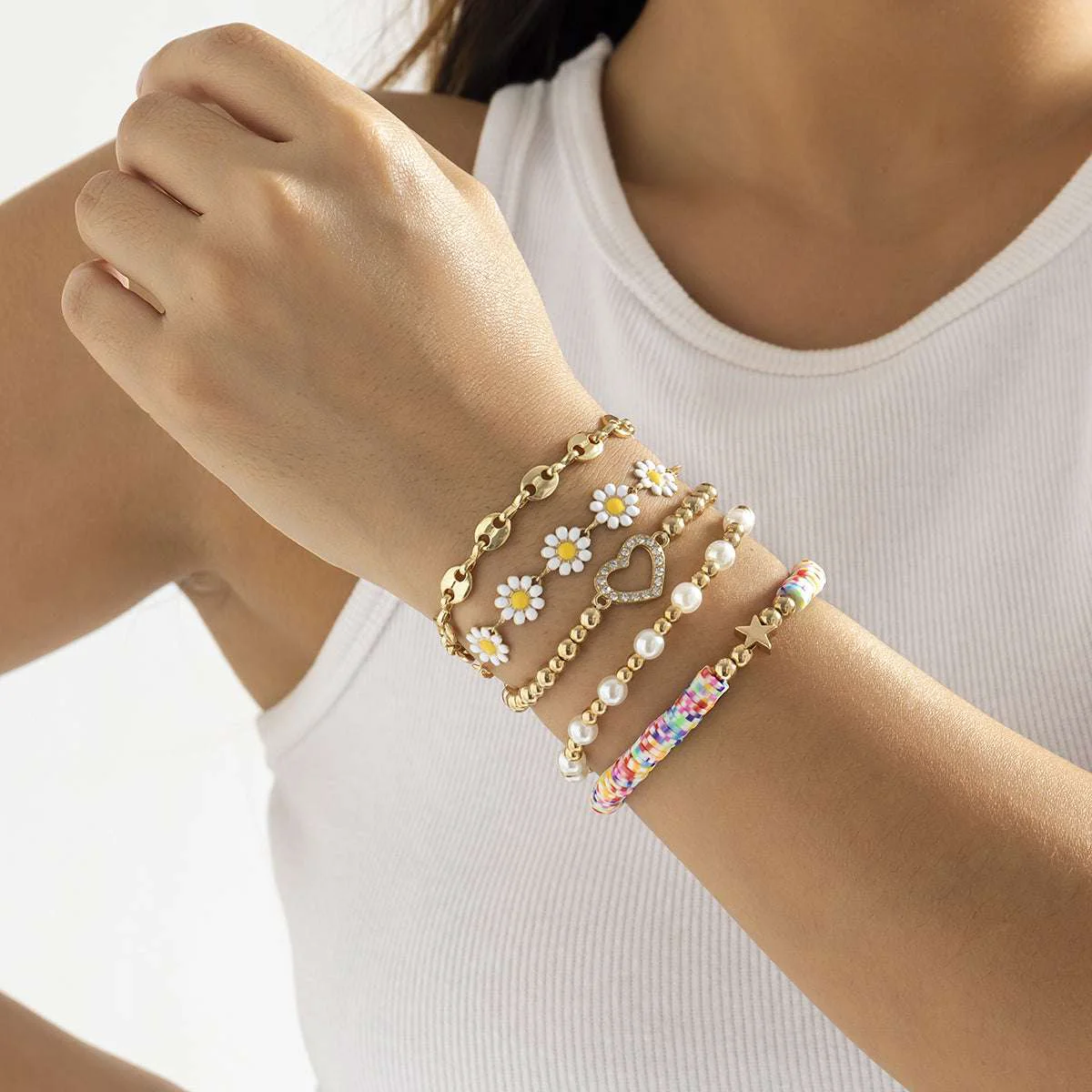 Certified Pearl Multicolor Polymer Clay Mum Stretch Bracelet Set Breathable
