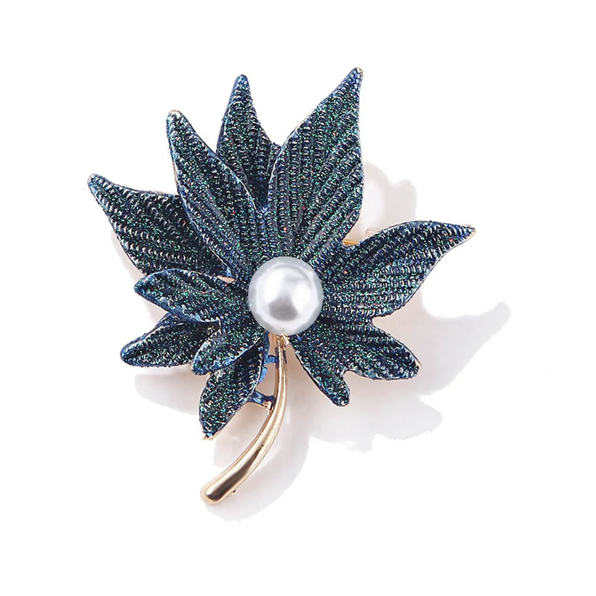 Traditional Pearl Dark Blue Enamel Goldtone Maple Leaves Brooch Practical