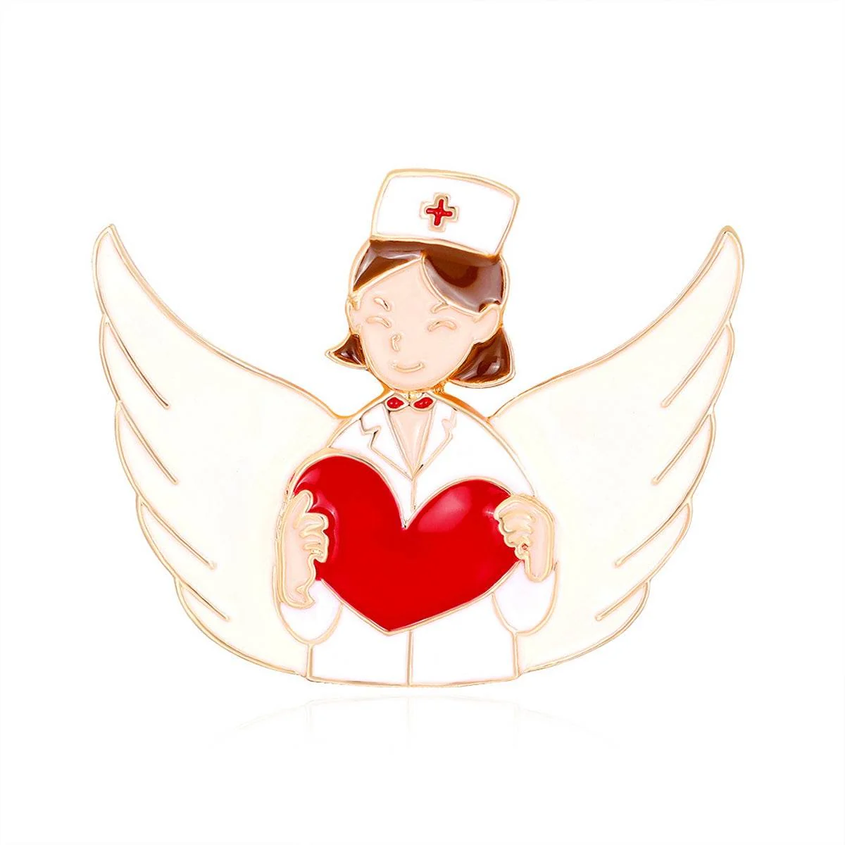Casual Red Enamel Goldtone Nurse Wing Heart Brooch Quality