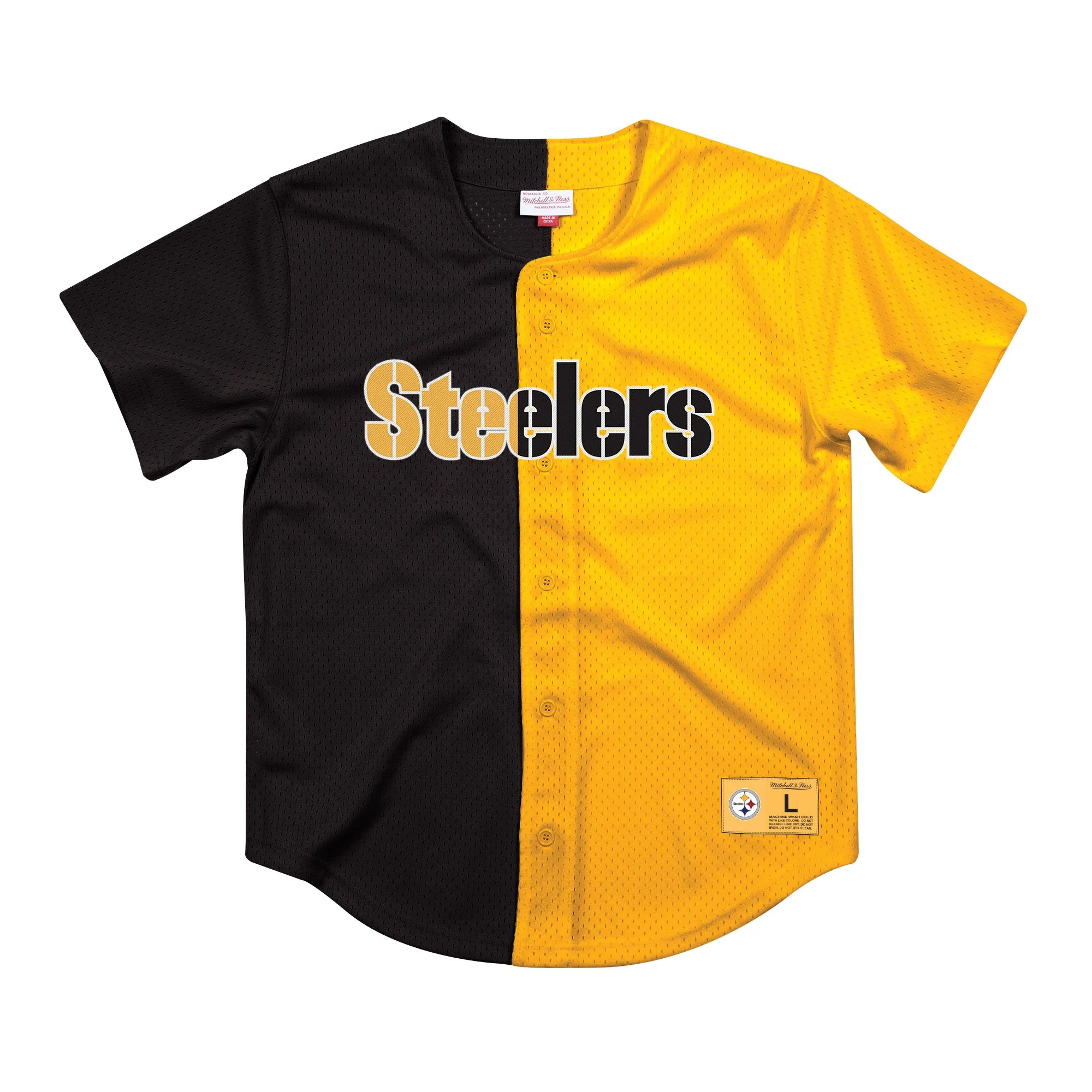 Expertly Made Mitchell Ness Men's NFL Split Color Mesh Button Front Steelers Responsible