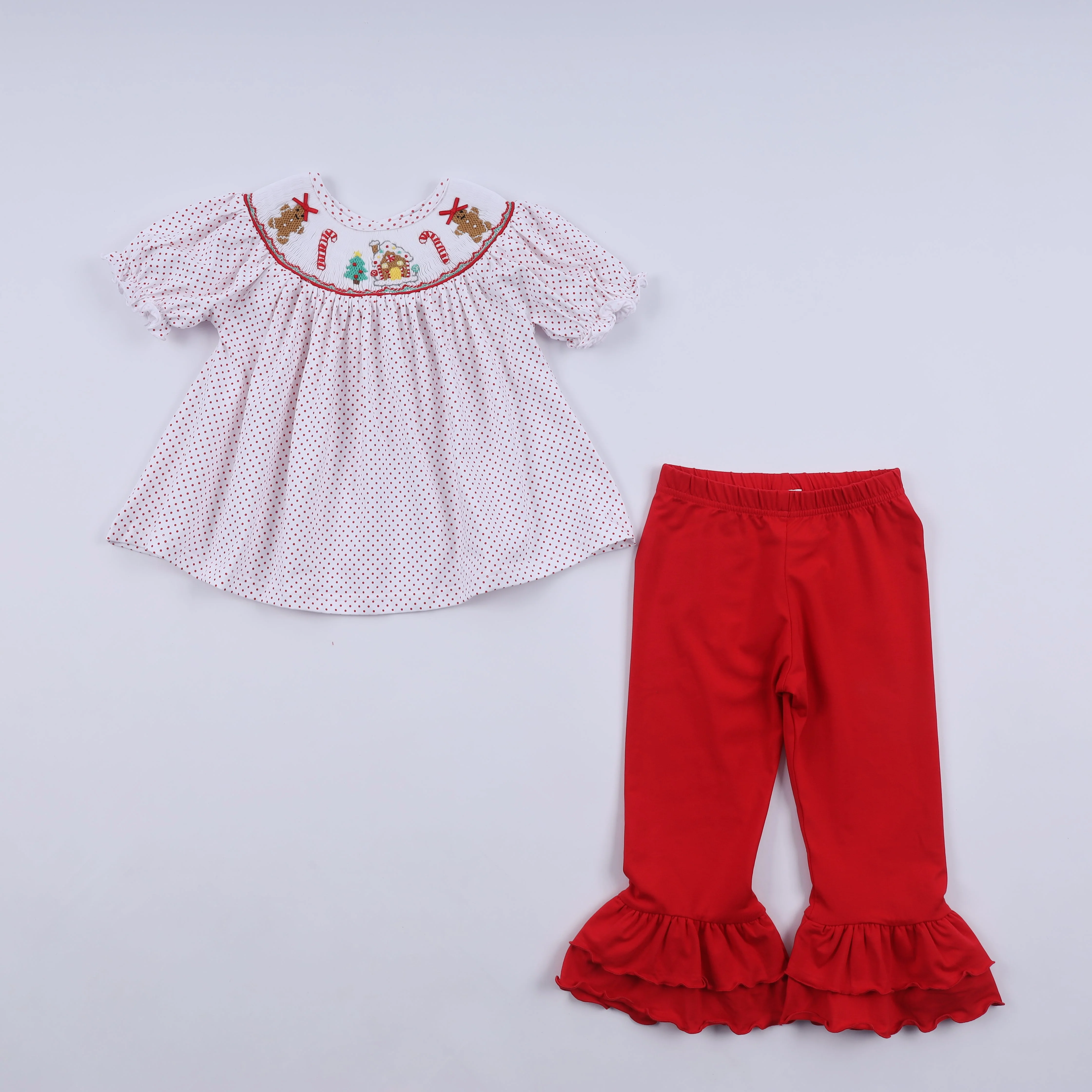 Green Red gingerbread hand smocked ruffle pants set Exceptional