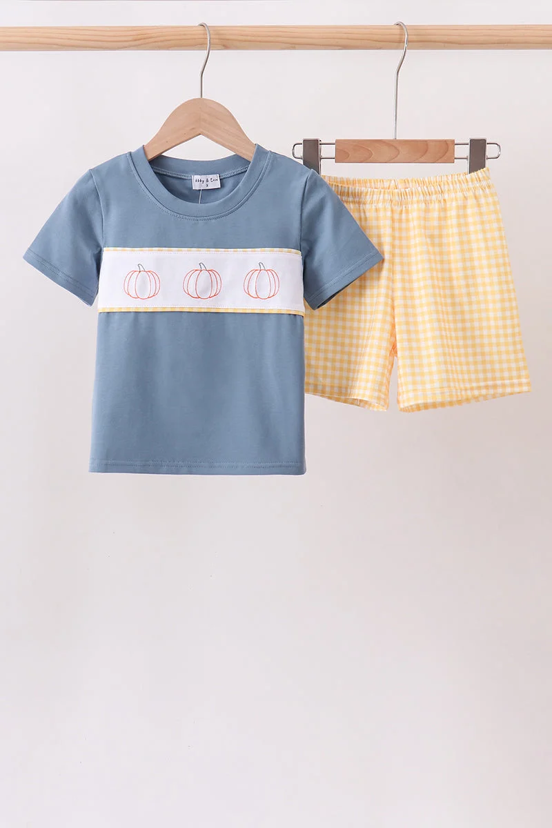 Dependable Blue Pumpkin Embroidery Gingham Shorts Set Elegant