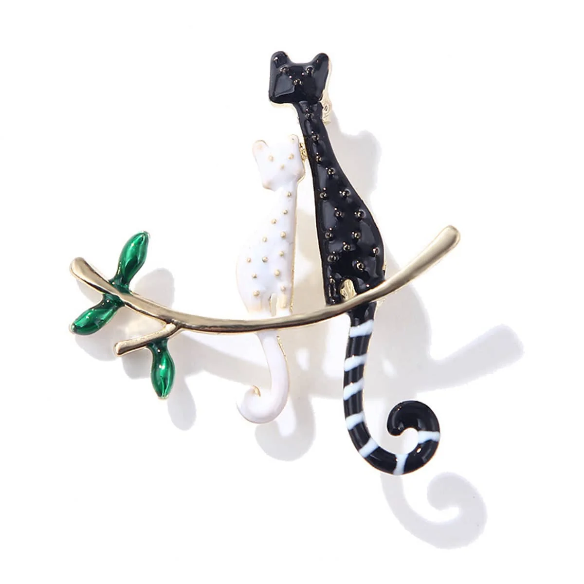 Consistent Black White Enamel Goldtone Double Spotted Cat Brooch Fine Crafted