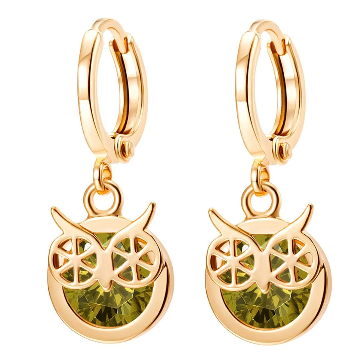 Advanced Green Cubic Zirconia Goldtone Owl Bezel Drop Earrings Clean