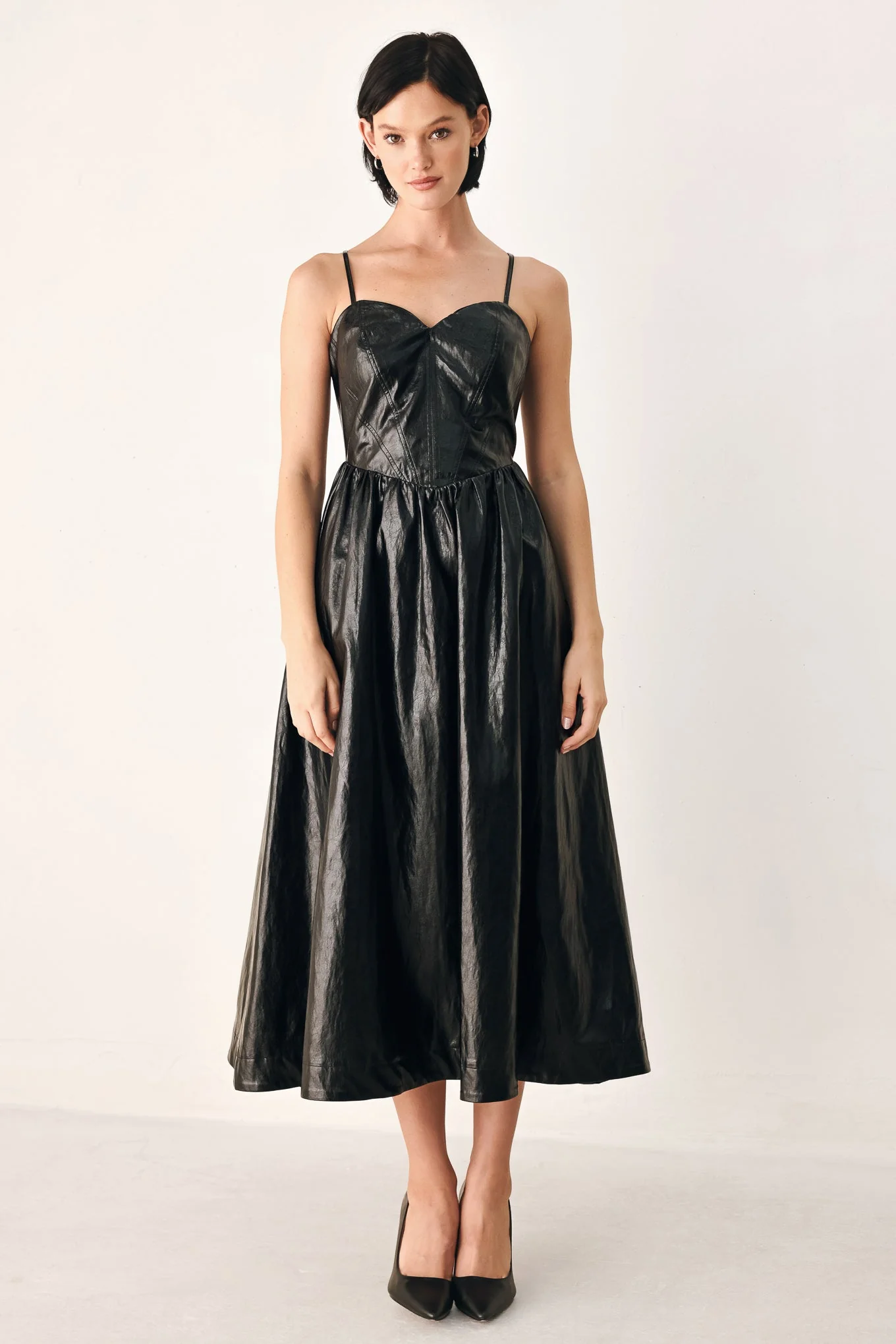 Verified Dressed to Thrill Faux Leather Midi Dress Certified