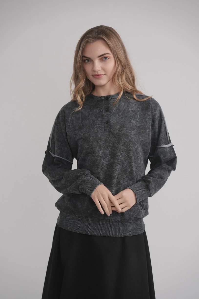 Carefully Designed Acid Wash Sweatshirt With Buttons - Grey Flexible