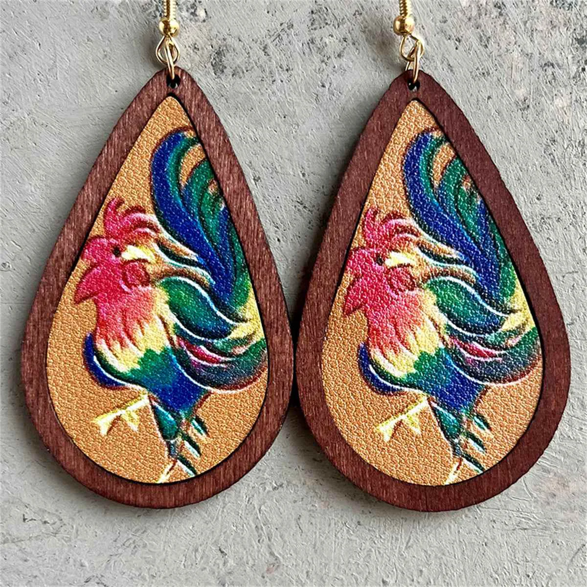 Unique Brown Green Rooster Wood Teardrop Earrings High-Grade