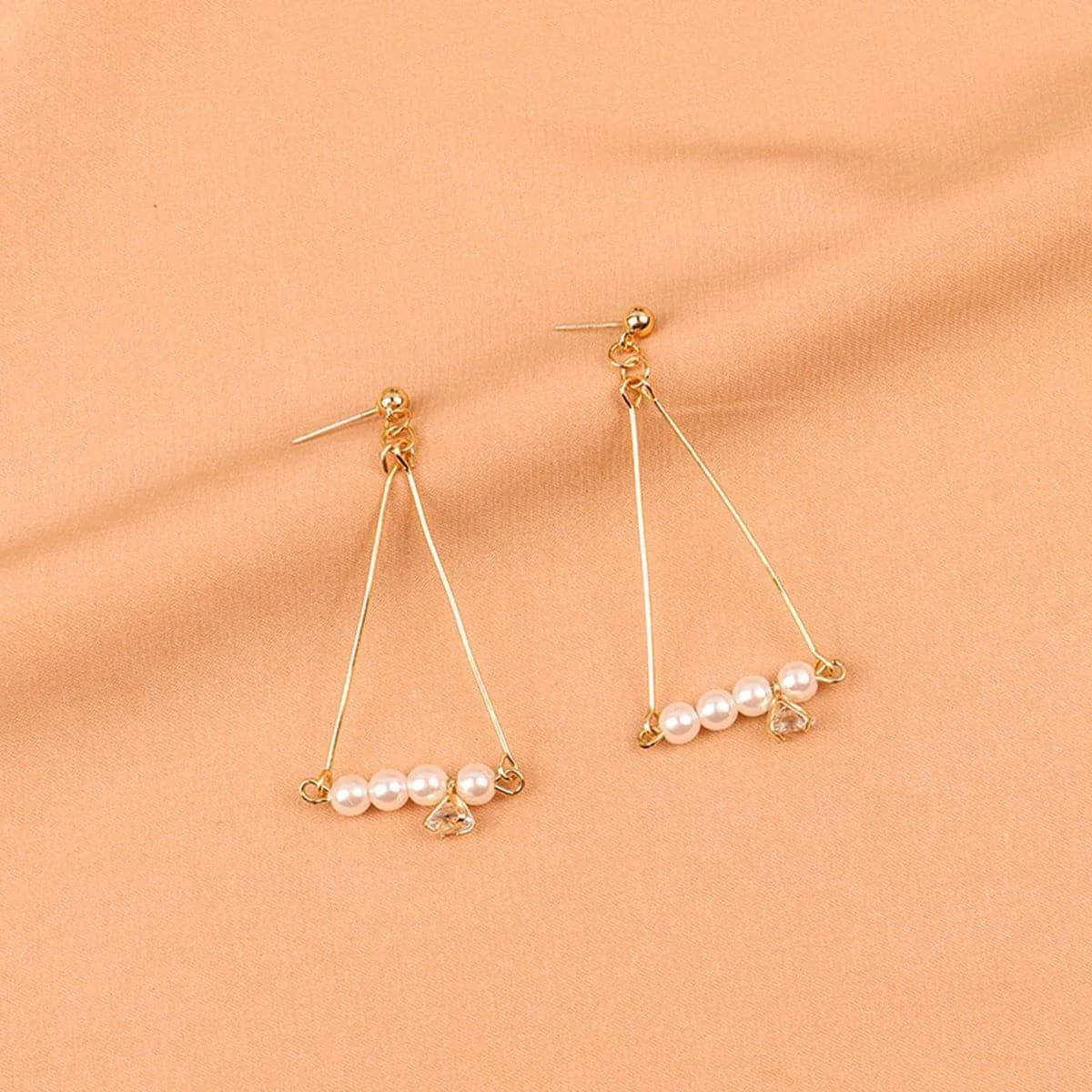Superior Pearl Goldtone Charm Open Triangle Drop Earrings Premium