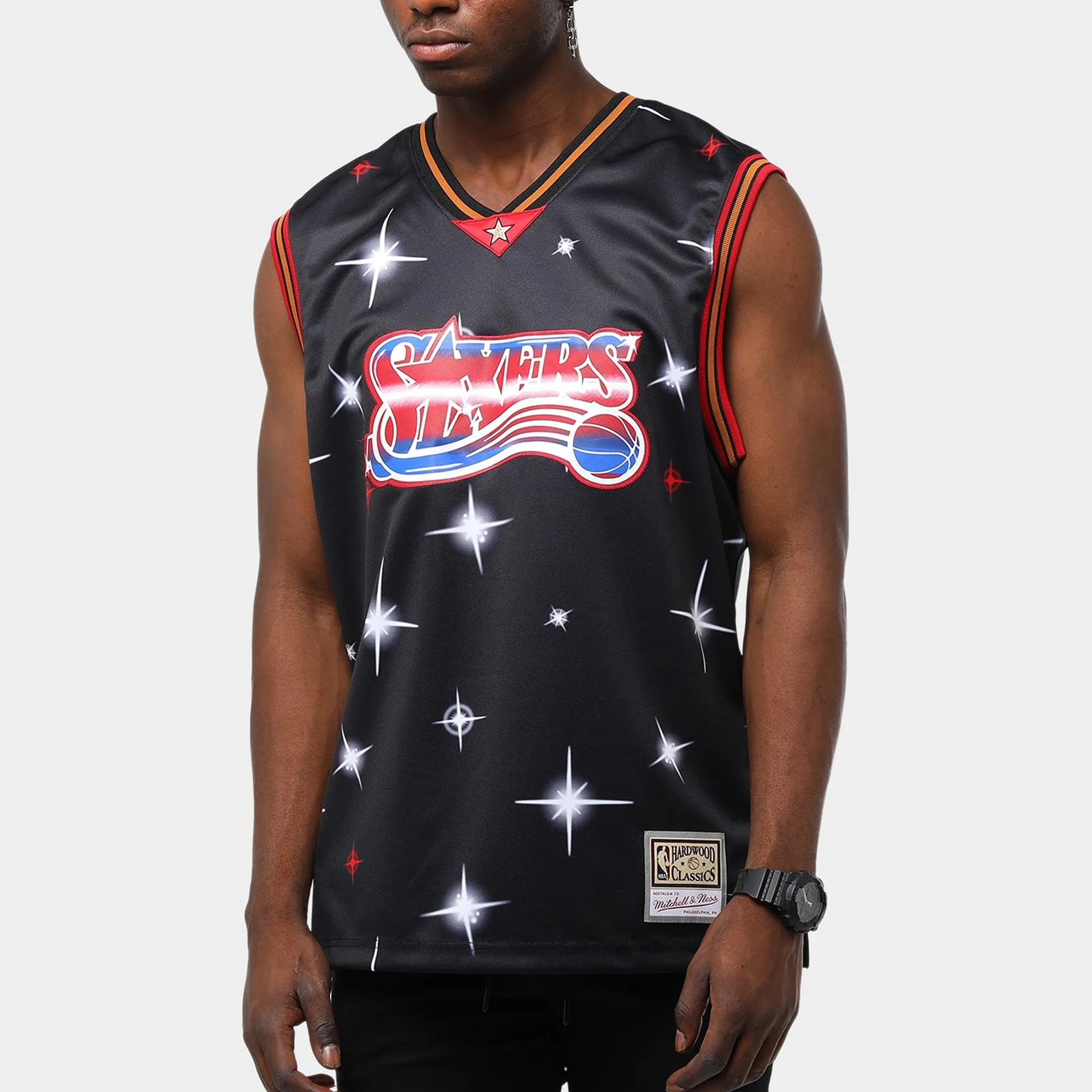 Secure Mitchell Ness Men's NBA Airbrush Knit Jersey Philadelphia 76Ers Premium Material