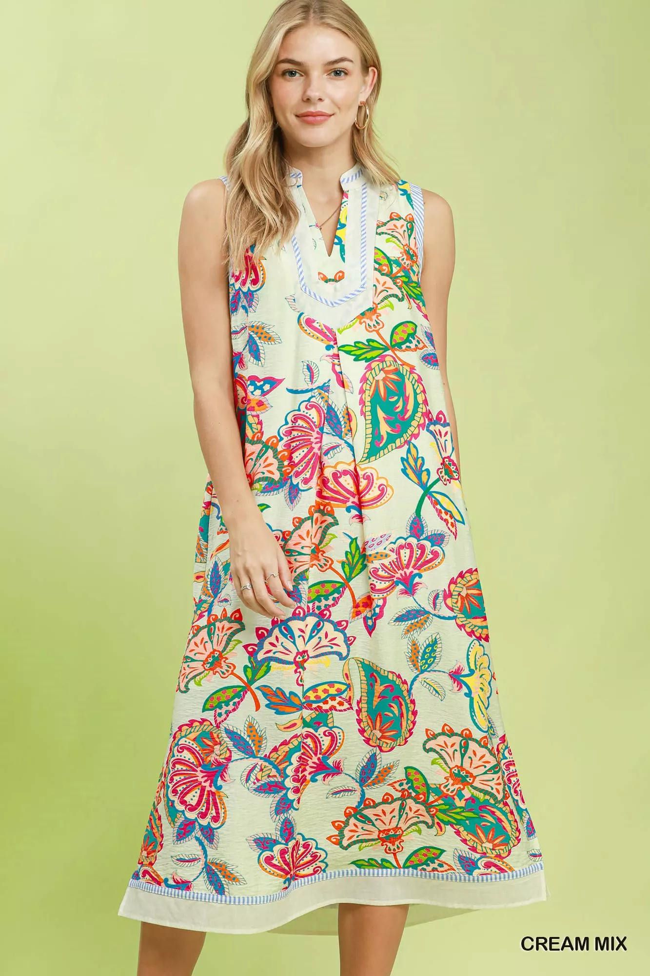 Unique Umgee Paisley Floral Sleeveless Midi Dress in Cream Comfortable