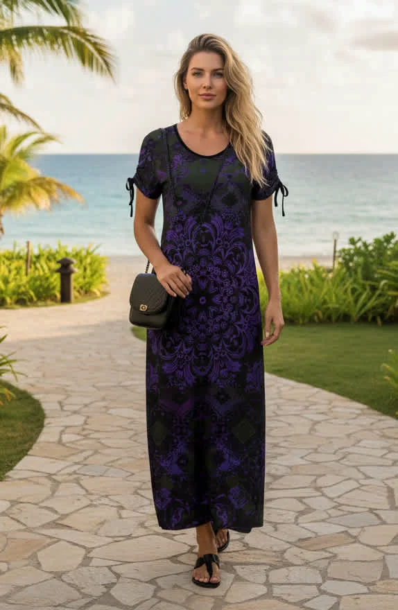 Unique Lily by Firmiana Women s Short Sleeve Maxi Dress Women s Apparel Deep Purple Floral Medallion Durable