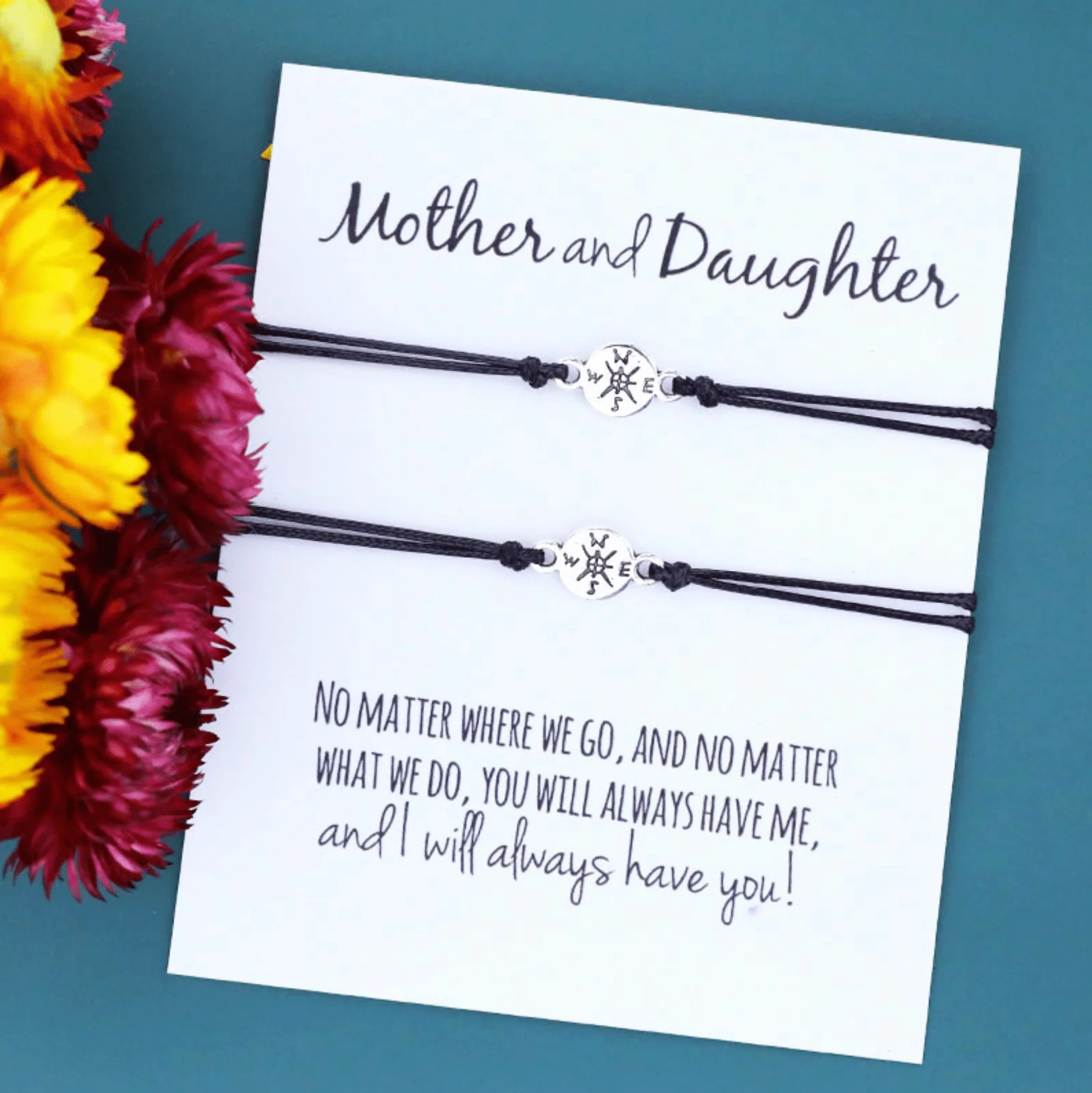 Convenient Black Silvertone Mother Daughter Compass Bracelet Set Fast
