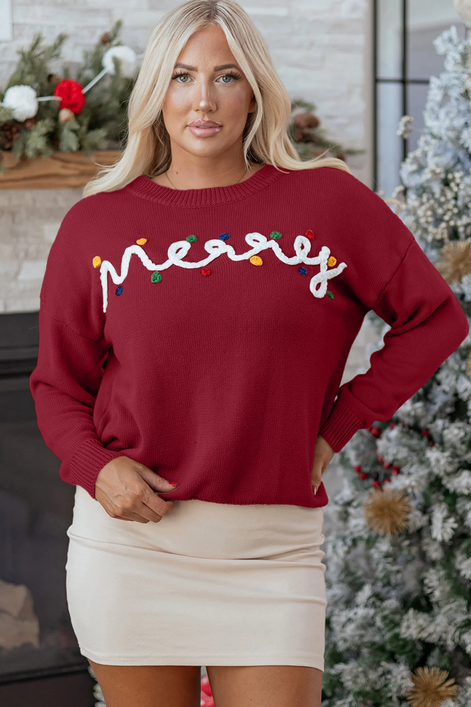 Responsible Threaded Pear Jade Christmas Drop Shoulder Sweater Trendy