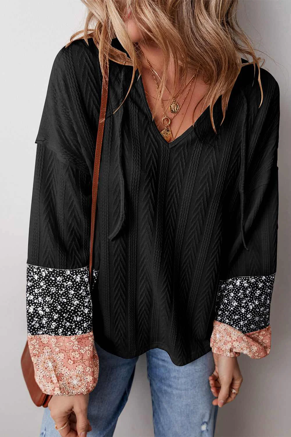 Effective Threaded Pear Poppy Textured Knit Drawstring Blouse Elegant