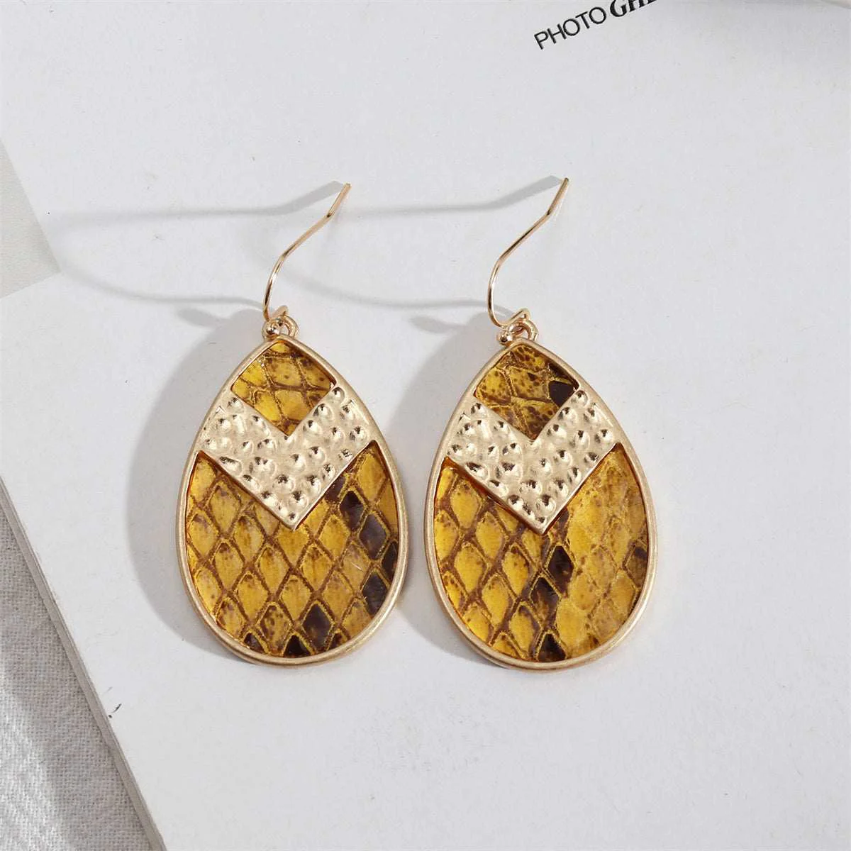 Trusted Yellow Polystyrene Goldtone Snake-Embossed Teardrop Earrings Soft