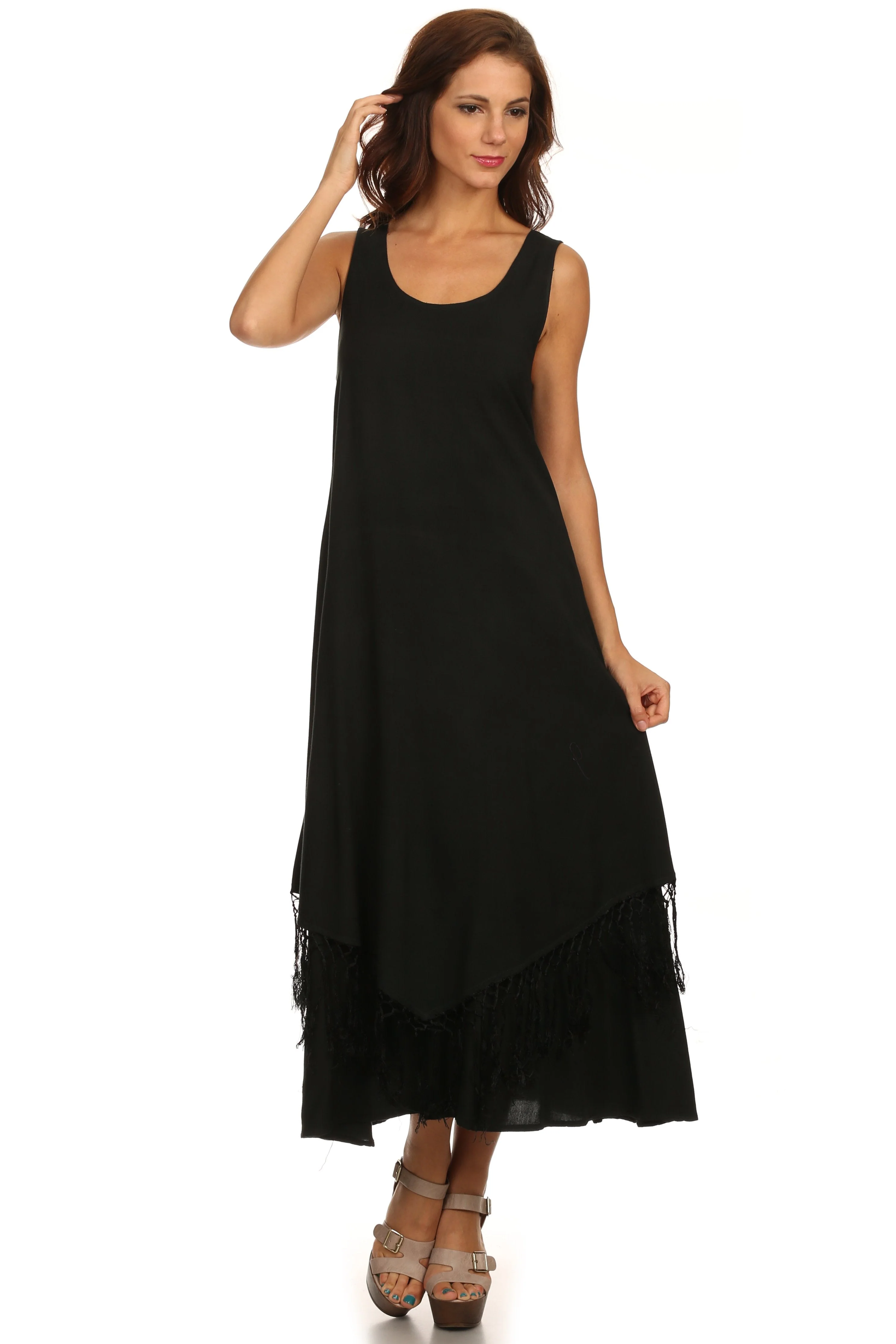 High-Quality Sakkas Emma Relaxed Fit Scoop Neck Double Layered with Fringe Tank Dress Easy-to-Use