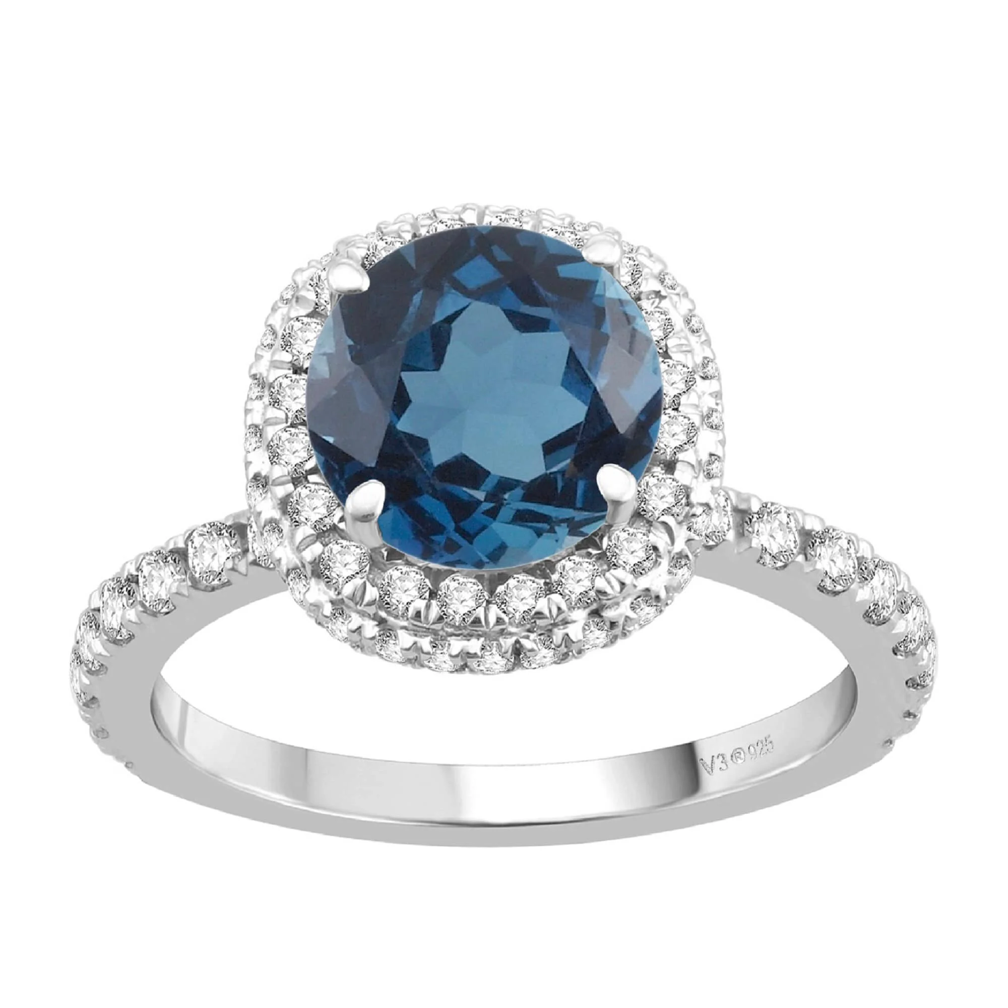 Trendy V3 Jewelry Sterling Silver 3.00CTW Round Cut Natural London Blue Topaz and White Topaz Double Halo Ring Versatile