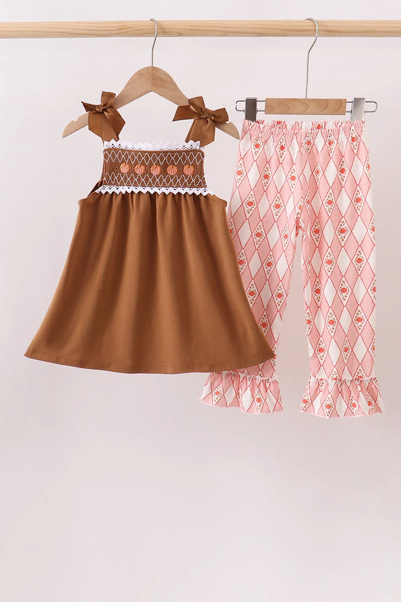 Casual Brown Pumpkin Smocked Lace Set User-Friendly