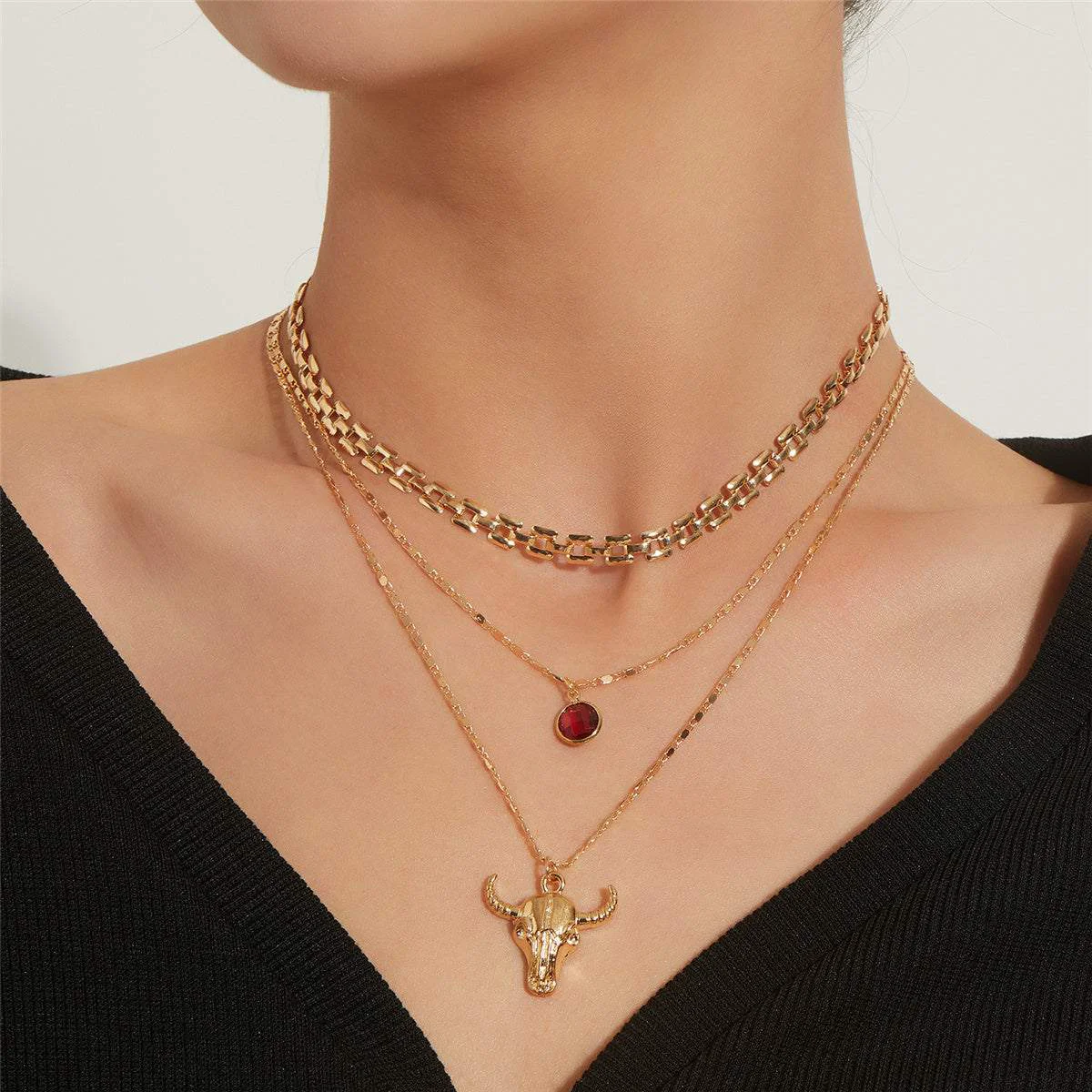 Solid Crystal Goldtone Cattle Layered Pendant Necklace Set Luxury