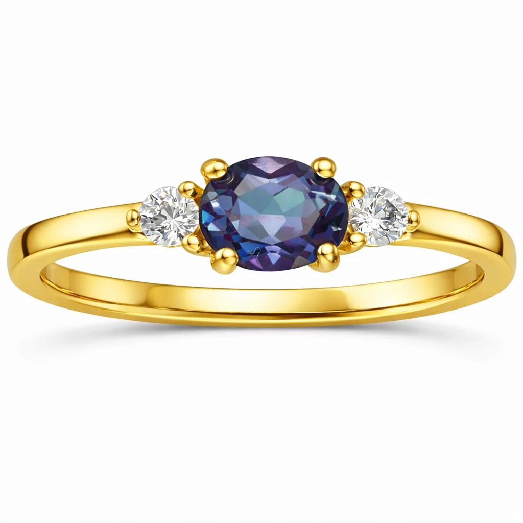 Stylish 22k Gold Vermeil Alexandrite Oval Three Stone Ring Sophisticated