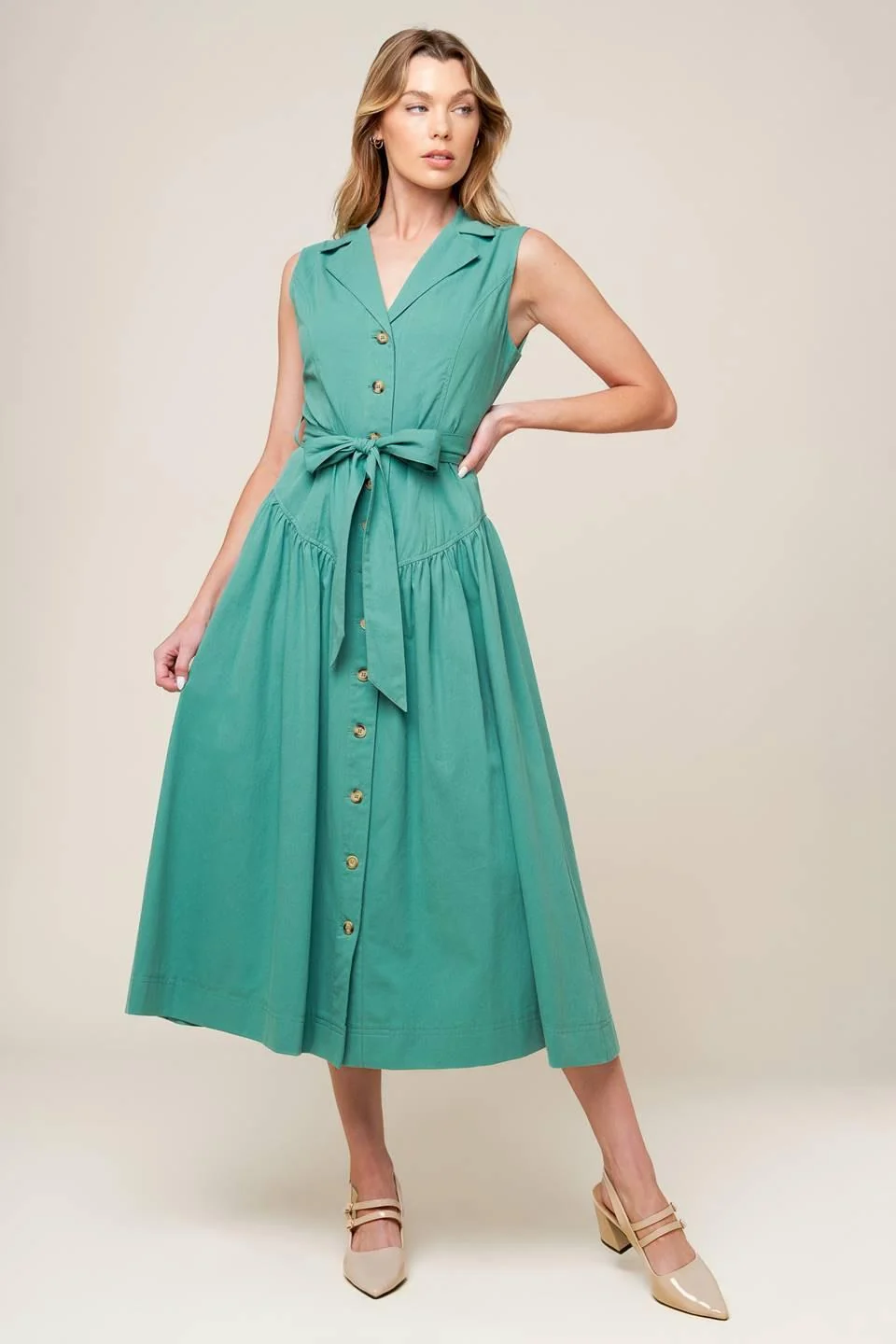 Proven Wishing Well Teal Green Woven Midi Dress Enhanced