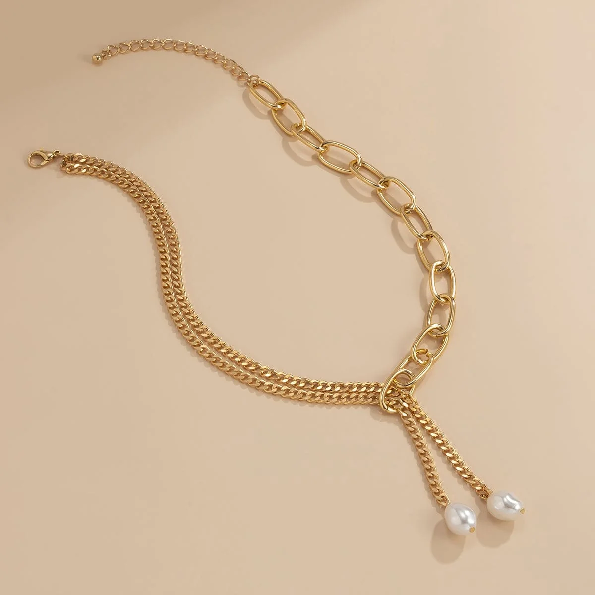 Contemporary Pearl Goldtone Asymmetrical Chain Lariat Necklace Enhanced