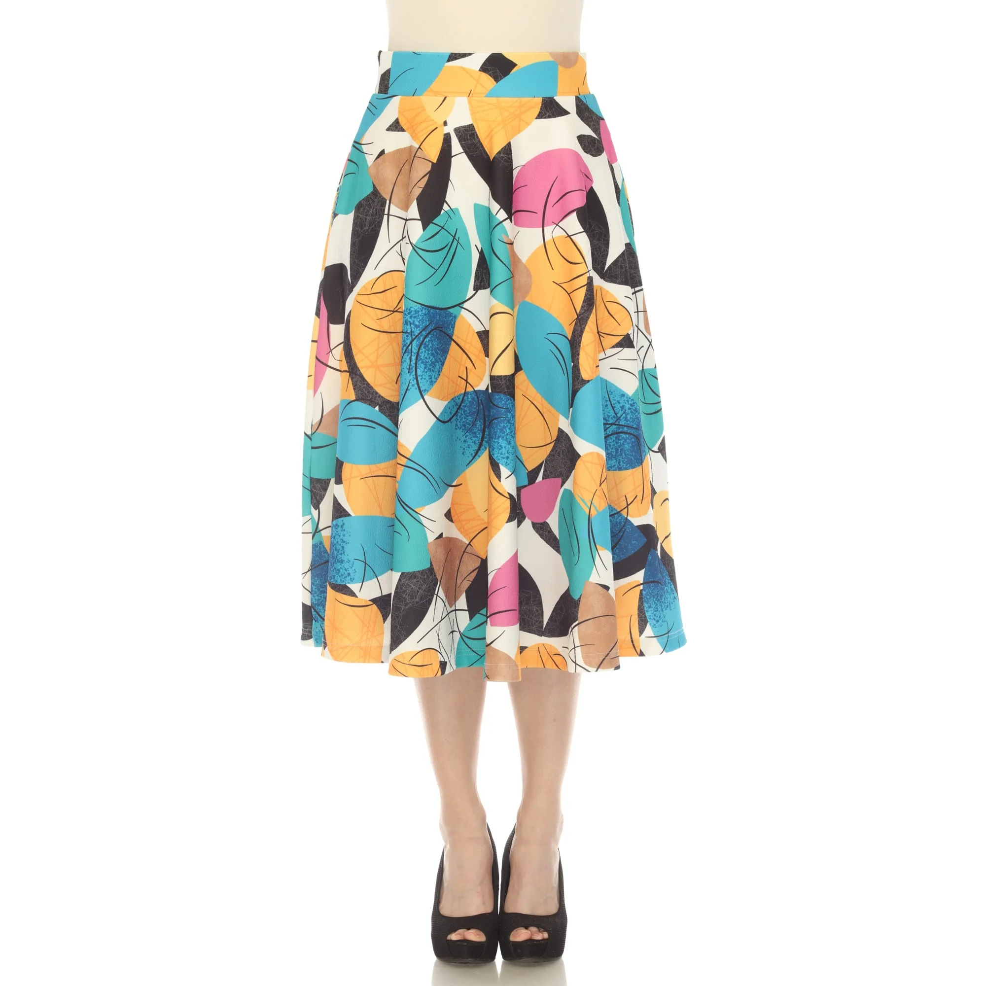 Genuine White Mark Women's Leaf Print Vintage Flared Midi Skirt Sophisticated