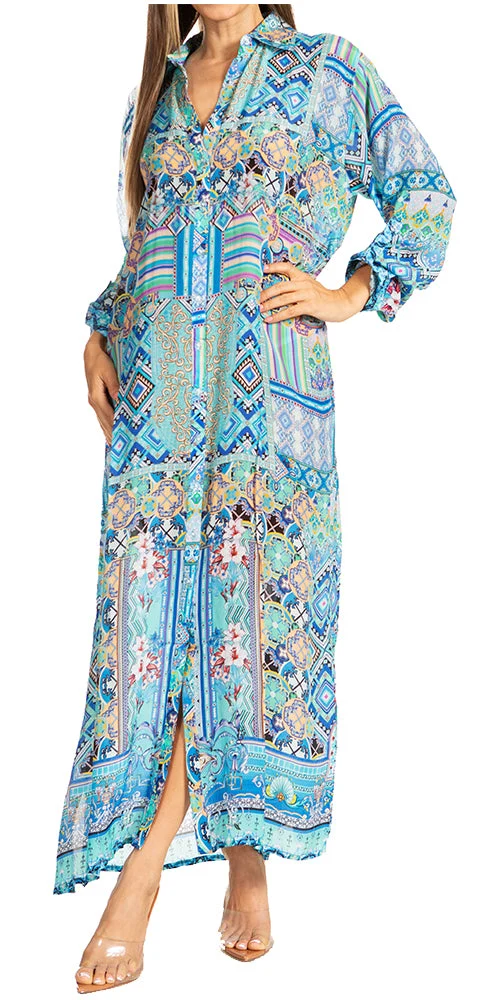 Proven Sakkas Womens Long Sleeves Button Down Spring Summer Maxi Shirt dress Beachwear Soft