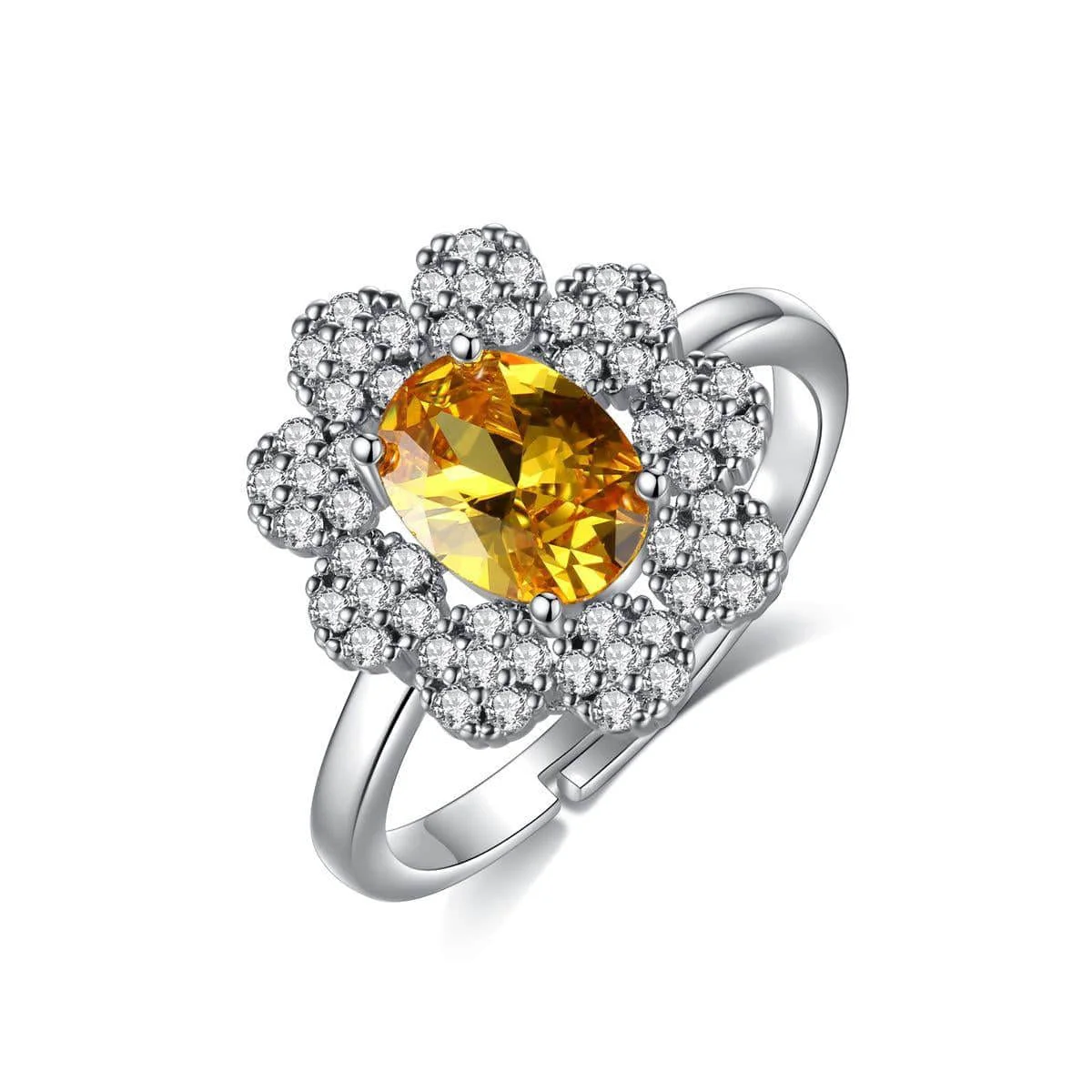 Safe Yellow Crystal Cubic Zirconia Flower Adjustable Ring Environmentally Friendly