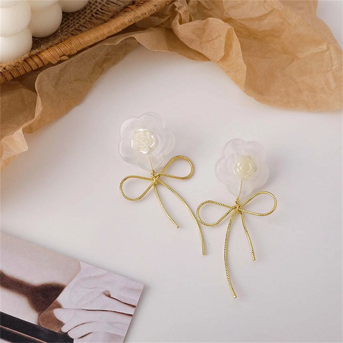 Casual White Resin Goldtone Flower Bow Drop Earrings Effective