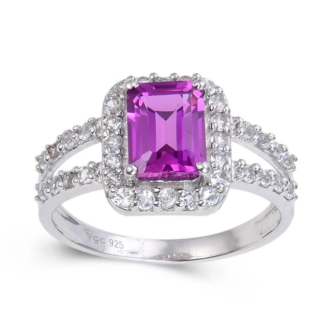 Smooth 2.96 Ct Octagon Created Purple Sapphire and White Topaz Prong Silver Split Band Ring Environmentally Friendly