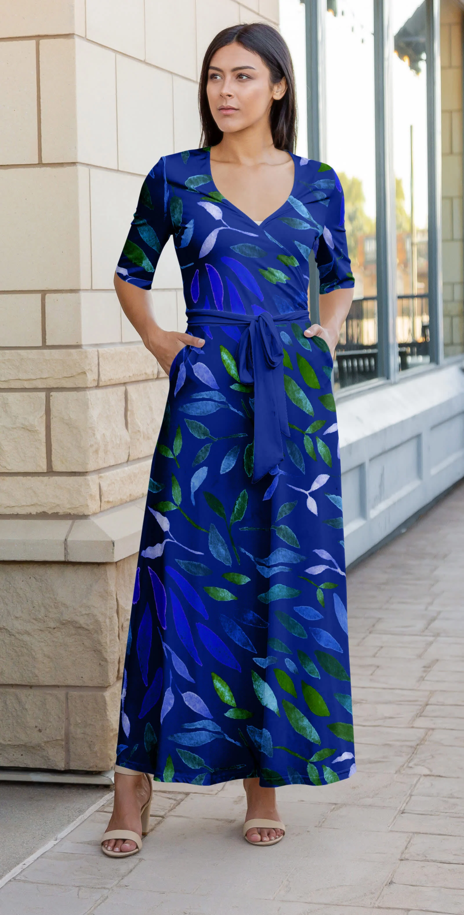 Premium Lily by Firmiana Women's ¾ Sleeve Wrap-Style Maxi Dress with Tie Blue Green Leaf Pattern Secure