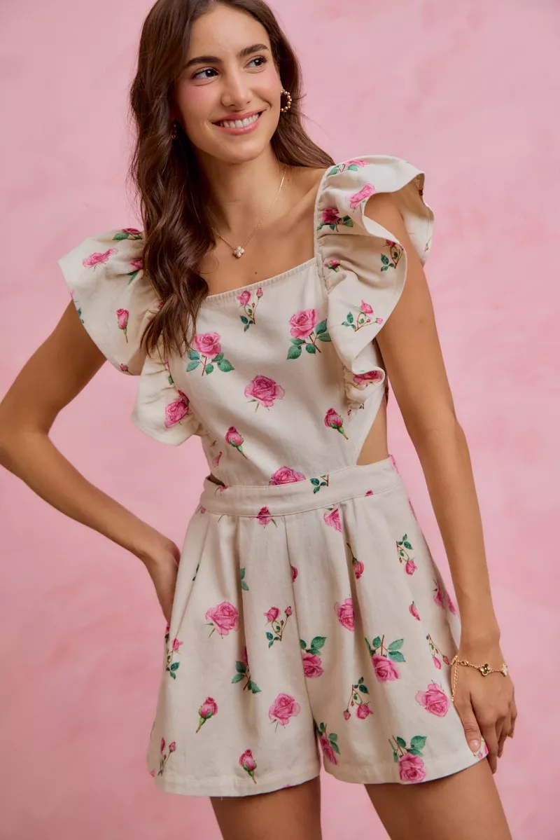 Practical SO ME Floral Print Denim Cut Out Waist Ruffled Romper Refined