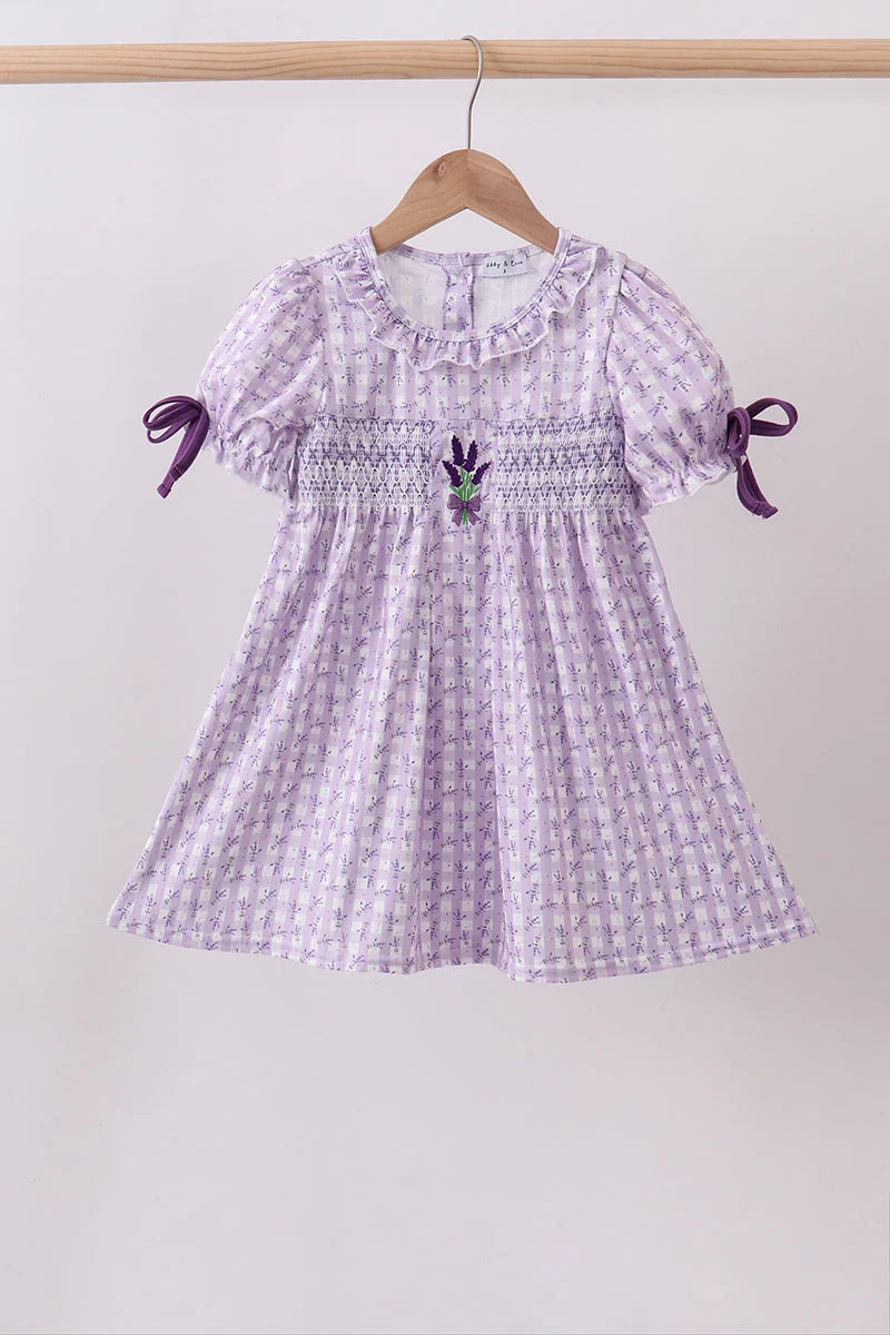 Premium Lavender floral smocked ruffle dress High-End