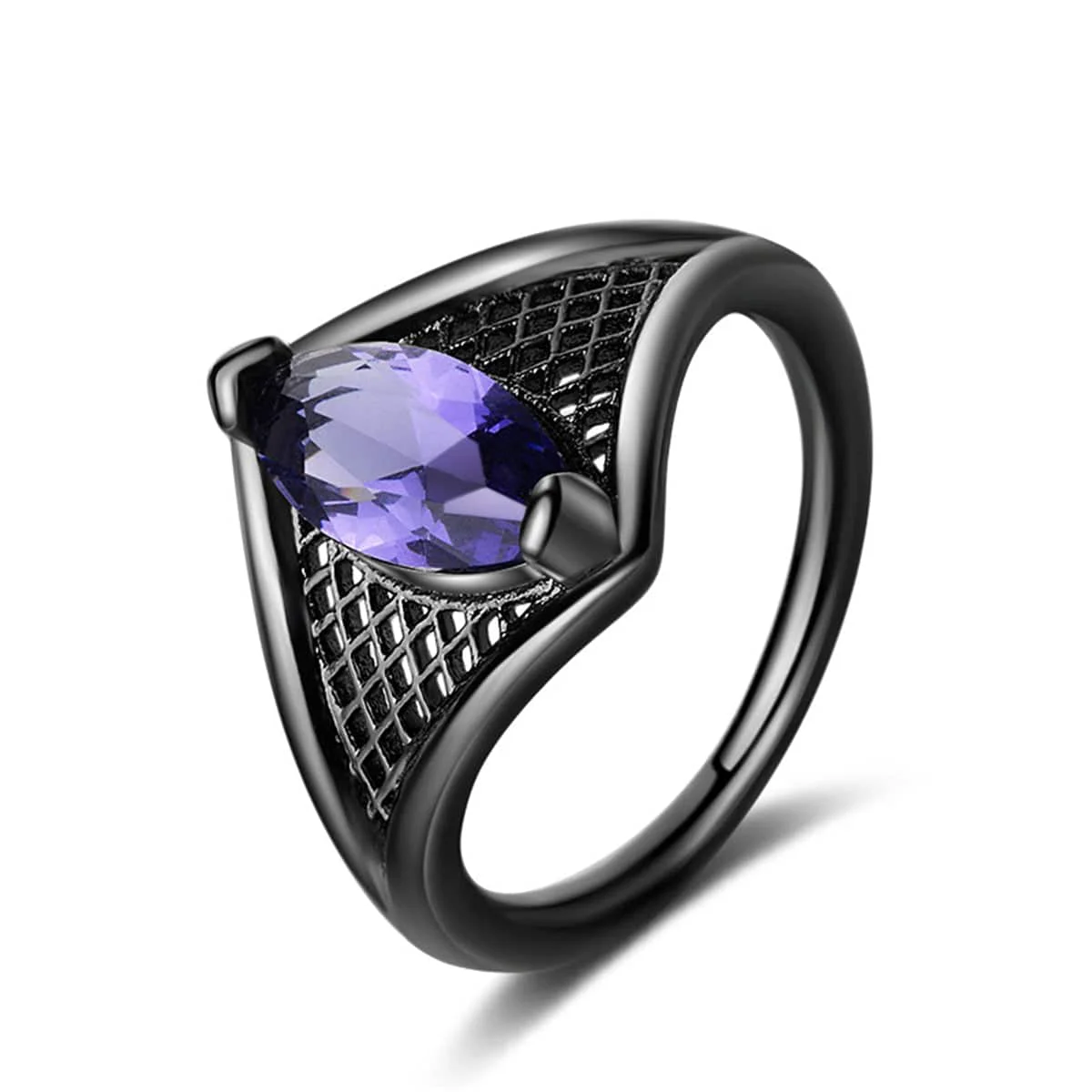 Certified Purple Crystal Black-Tone Marquise-Cut Web Ring Luxury