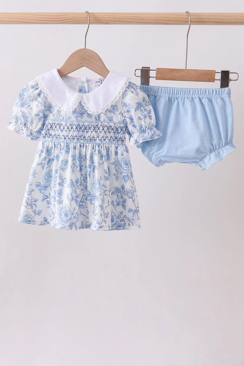 Smart Blue rose smocked bloomer set Fashionable
