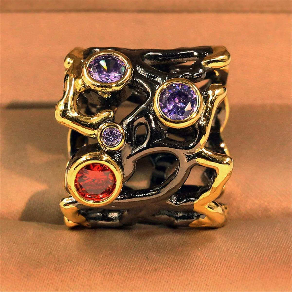 Specialty Purple Red Crystal Openwork Tree Ring Crafted