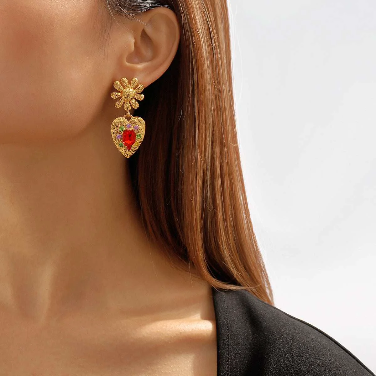 Dependable Red Crystal Cubic Zirconia Goldtone Flower Heart Drop Earrings Proven