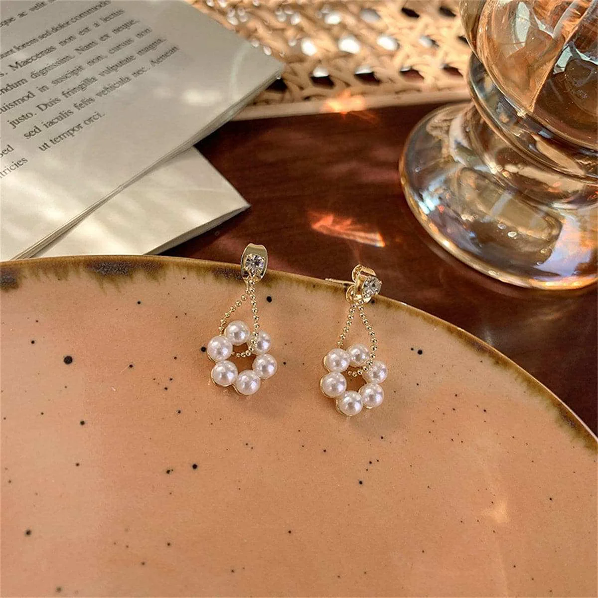 Comfortable White Cubic Zirconia Pearl Goldtone Floral Drop Earring Fine Crafted