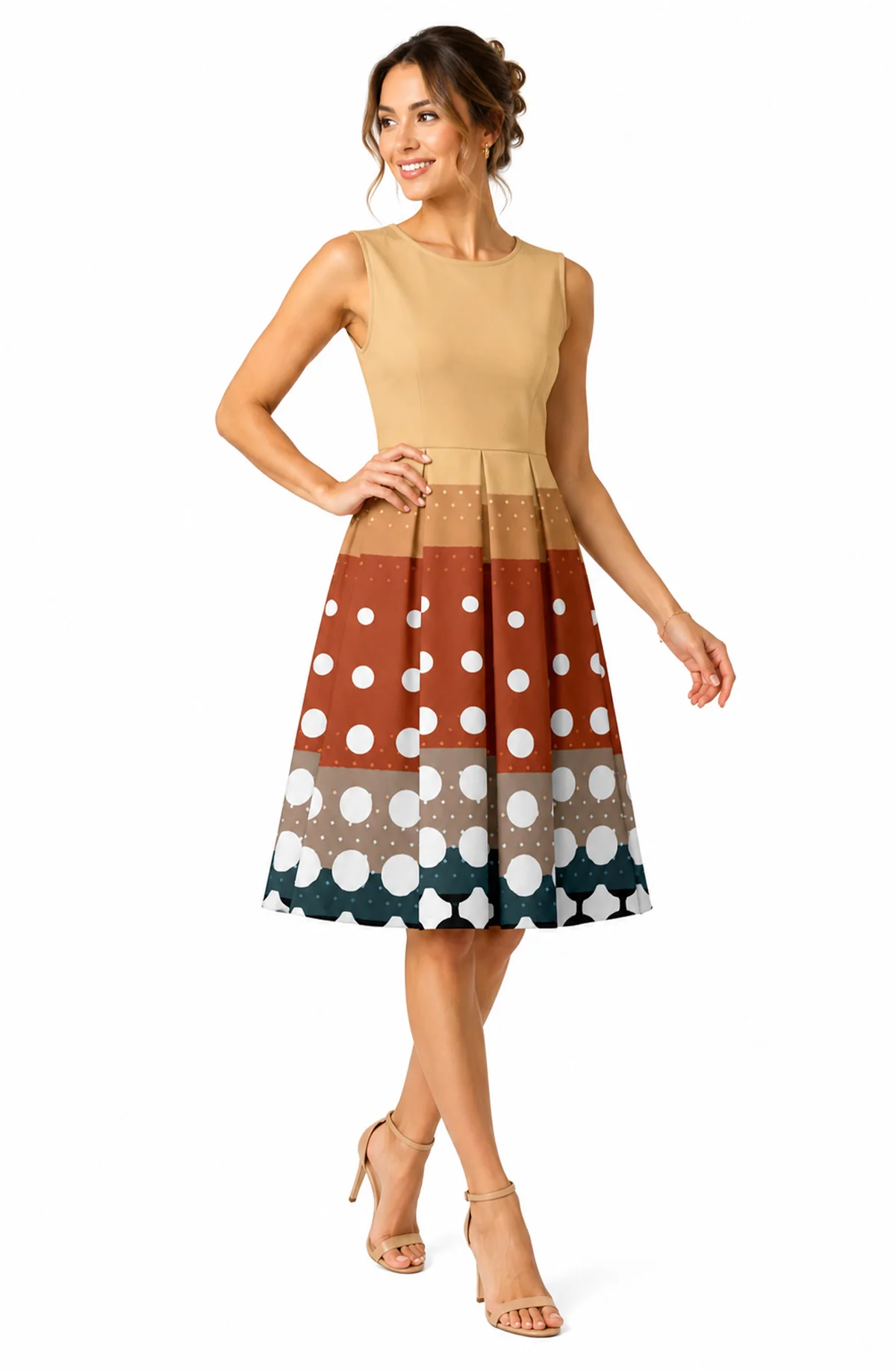 Contemporary Lily by Firmiana Women s Sleeveless Short Dress with Pleated Skirt Women s Apparel Beige Rust Geometric Print Lightweight
