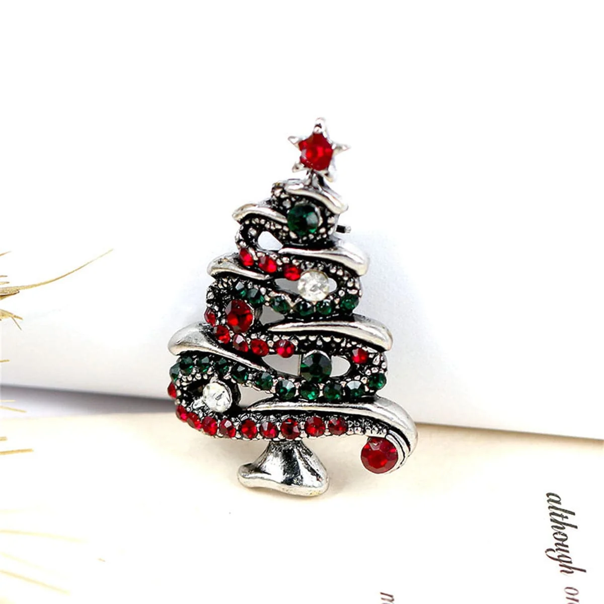 Original Design Red Green Cubic Zirconia Openwork Pavé Christmas Tree Brooch Classic
