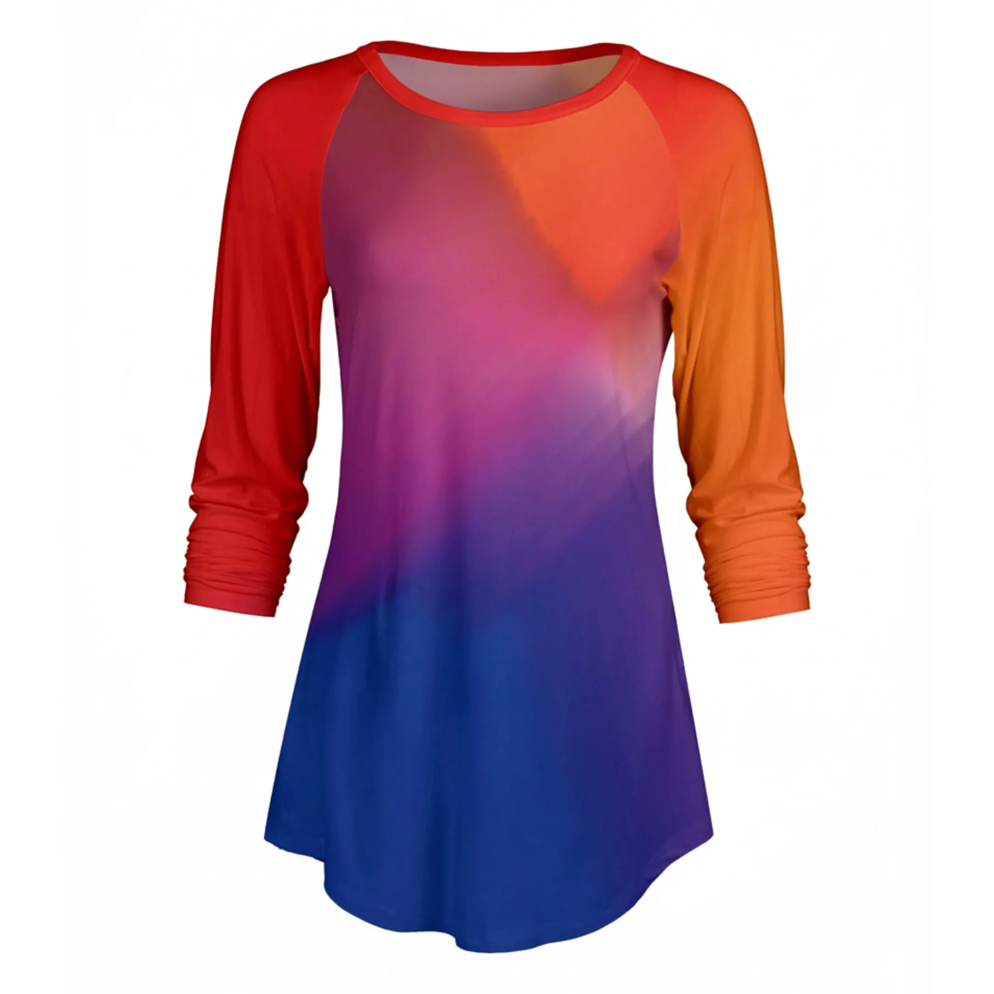 Certified Lily by Firmiana Women s ¾ Sleeve Scoop Neck Tunic Top Red Blue Ombre Fade Fine