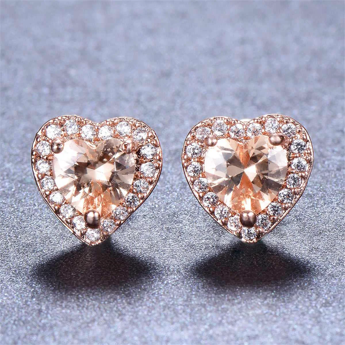 Convenient Champagne Crystal Cubic Zirconia Rose Goldtone Halo Heart Stud Earrings Certified