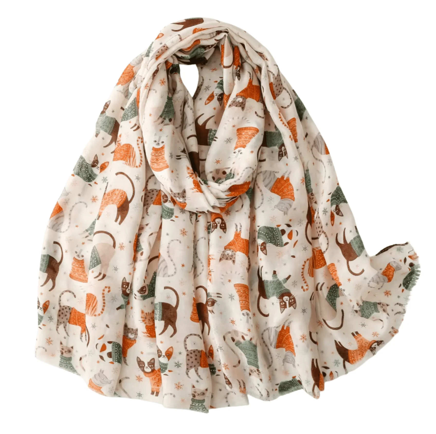 Flexible Playful Cat Print Scarf in Soft Cream Environmentally Friendly
