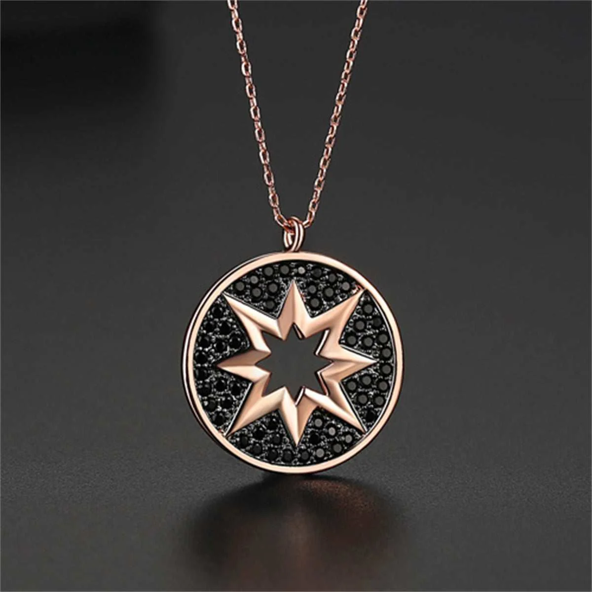 Superior Black Cubic Zirconia Rose Goldtone Sun Pendant Necklace Flexible