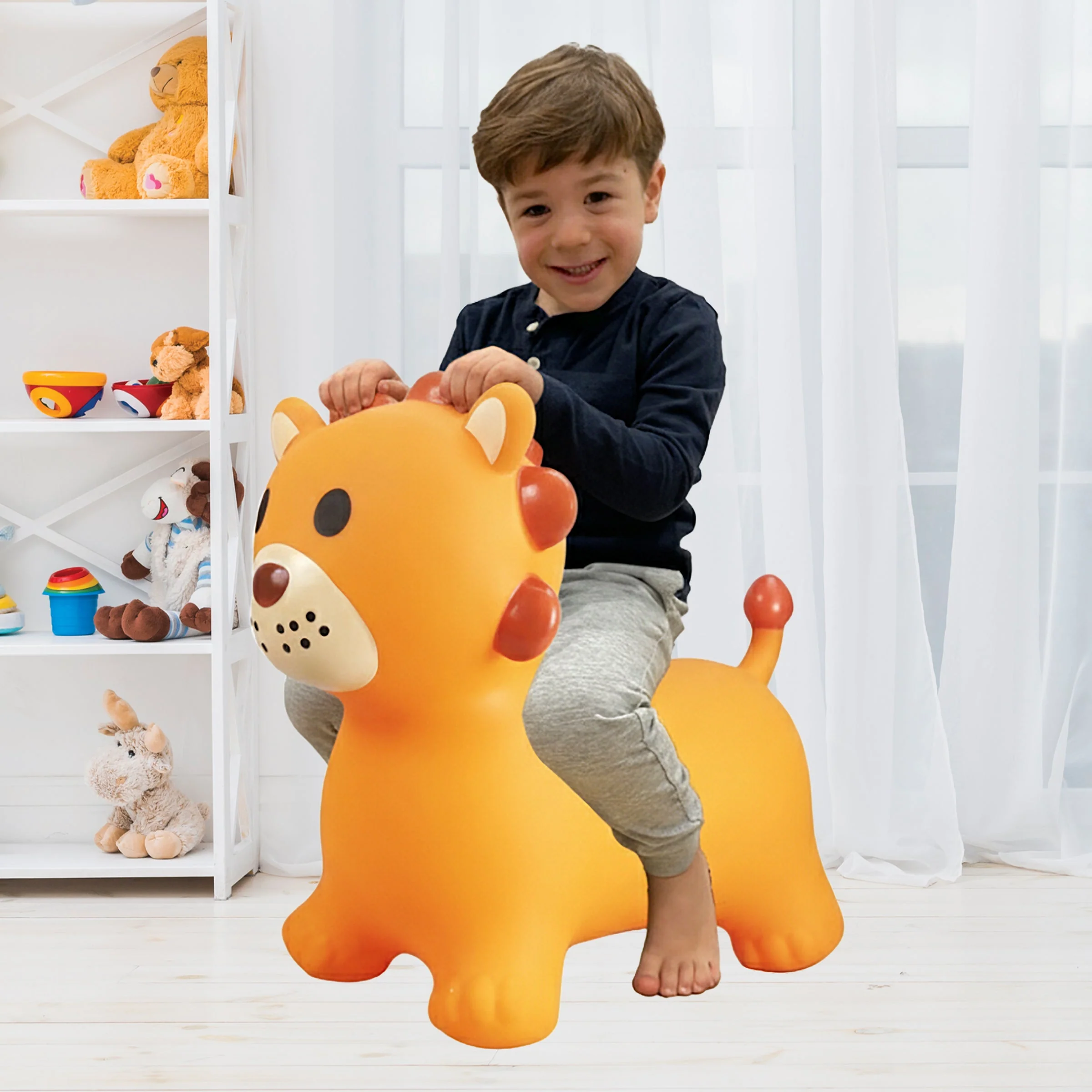 Proven BounceZiez Inflatable Bouncy Ride-On Hopper with Pump - Orange Lion Responsible