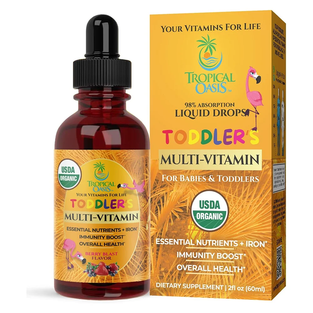 Fine Tropical Oasis Organic Liquid Multivitamin Drops with Iron for Toddlers Supports Immune System 2Oz 60ml Trusted